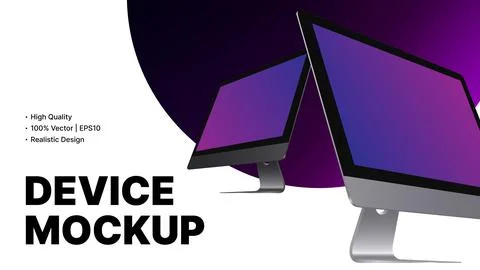 Two Computer Monitors Purple Mockup. Realistic PC Side View with Gradient Screen Stock Illustration