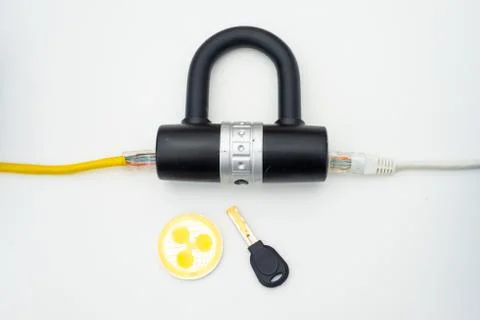 Two computer network cables going through a lock with a key and a crypto Stock-Fotos