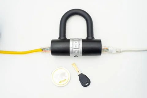 Two computer network cables going through a lock with a key and a crypto Fotos Stock