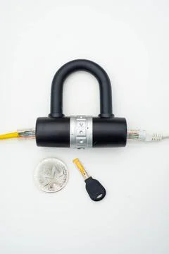 Two computer network cables going through a lock with a key and a crypto c... Stock Photos