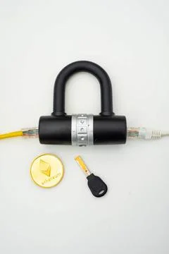 Two computer network cables going through a lock with a key and a crypto c... Fotos Stock