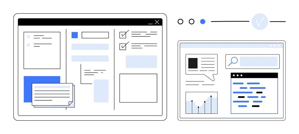 Two computer windows displaying organized data, task lists, graphs, and a sea Illustrazione stock