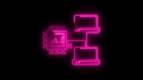 Two computers connected to ai chip neon style artificial intelligence techn.. 库存影片 308606079