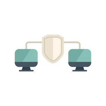 Two computers connected with shield icon symbolizing secure network Illustrazione stock