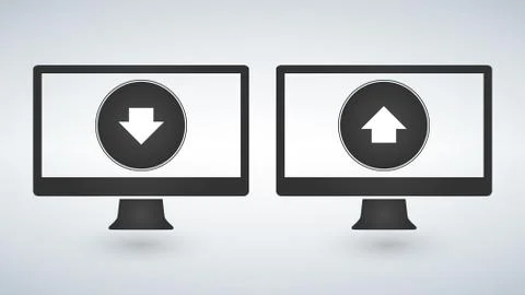 Two computers with Download and upload buttons useful for web design purposes Stock Illustration