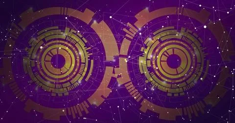Two concentric HUD rings rotating in virtual interface, with bars, data blocks Stock Photos