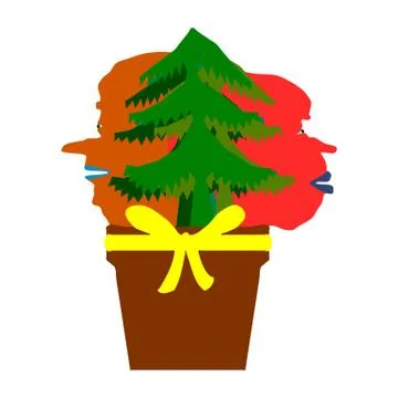 Two connected head profiles and coniferous trees in pot Stock Illustration
