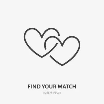 Two connected hearts flat line icon. Vector thin sign of love, dating site logo Illustrazione stock