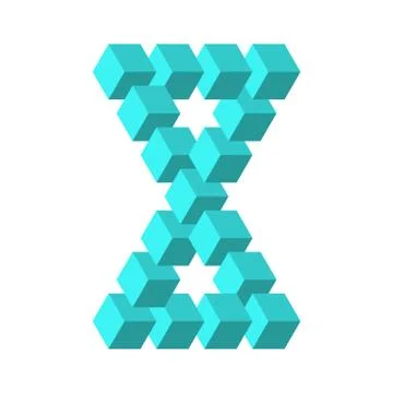 Two connected impossible triangles in turquoise blue. 3D cubes arranged as Illustrazione stock