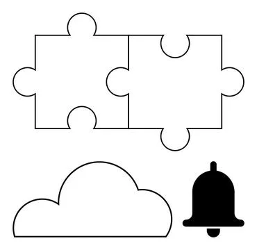 Two connected puzzle pieces, a cloud shape, and a bell. Ideal for teamwork, p Illustrazione stock