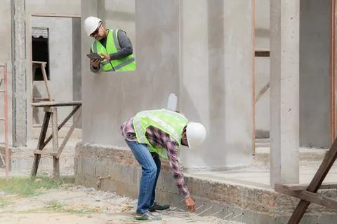 Two construction foreman workers examine inspect unfinished property site o.. Stock Photos