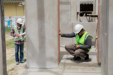 Two construction foreman workers examine inspect unfinished property site o.. Stock Photos