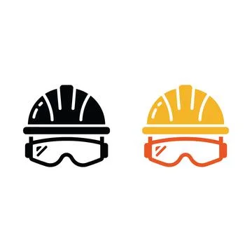 Two construction safety featuring a hard hat and protective goggles in blac.. Stock Illustration