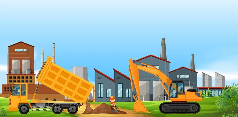 Two construction trucks working in the factory field Stock Illustration