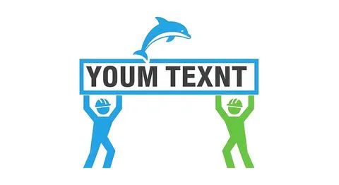 Two construction workers holding sign with dolphin jumping over text Youm Tex Illustrazione stock