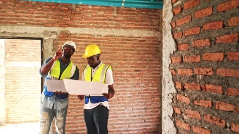 Two construction workers in safety gear examine blueprints at a building. Stockbeeldmateriaal 309509133