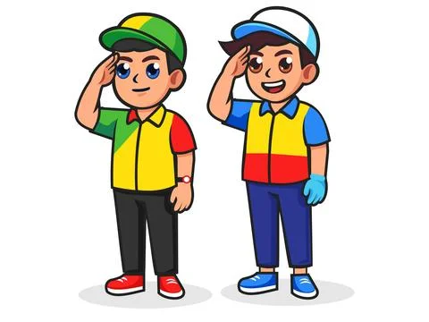 Two construction workers with safety helmets and vests greeting with a salu.. Stock Illustration