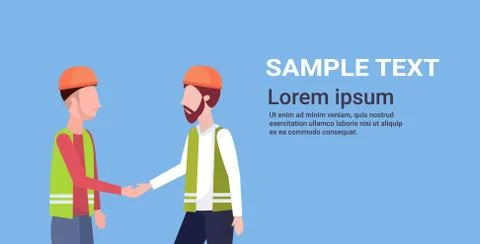 Two construction workers shaking hands during meeting builders in helmet Stock Illustration