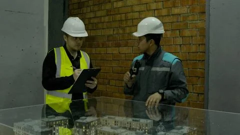 Two construction workers in yellow vests discussing plans at an outdoor site Stock-Fotos