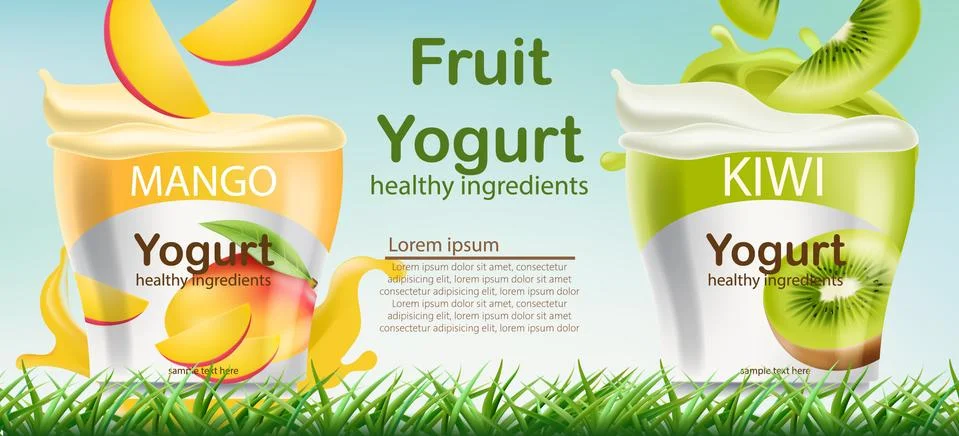 Two containers with mango and kiwi fruits yogurt on grass. Place for text. He Stock Illustration
