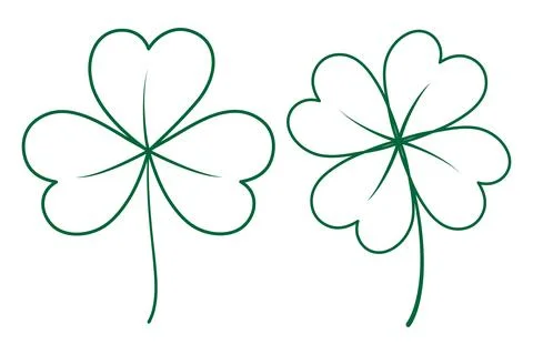 Two contour drawn tree leaf and four leaf clover in trendy green. Design for Illustrazione stock
