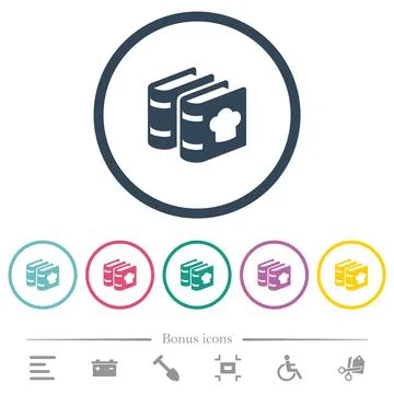 Two cookbooks with chef hat flat color icons in round outlines Stock Illustration