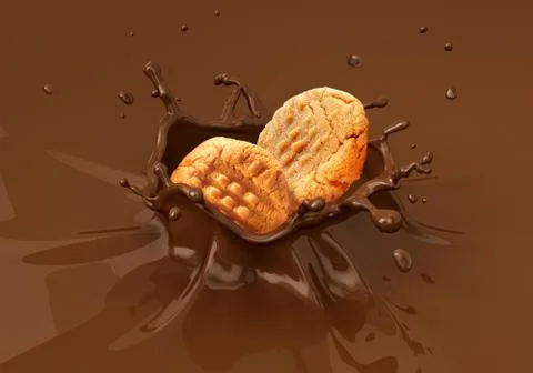 Two cookies biscuits falling into liquid chocolate splashing. Stock Illustration