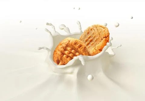 Two cookies biscuits falling into milk splashing. Stock Illustration