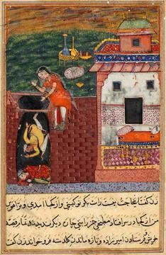 The two cooks who try to seduce the warriors faithful woman are trapped by her Stock Illustration