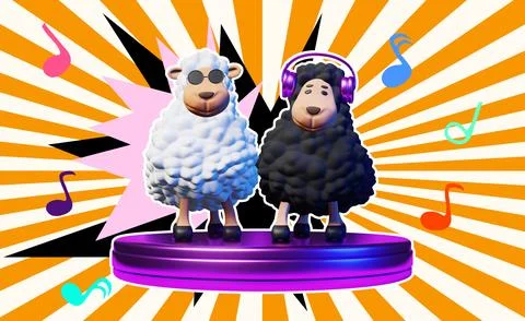 Two cool DJ sheep rhythmically dance playing music creative art collage. Musi Stock Illustration