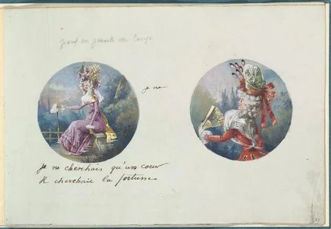 Two Costume Designs or Portrait Types ca. 178590 Anonymous, French, 18th ce.. Stock Photos