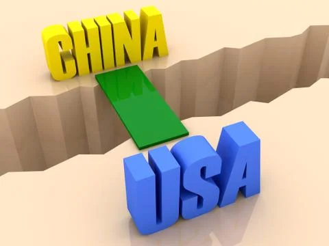 Two countries CHINA and USA united by bridge through separation crack. Concep Stock Illustration