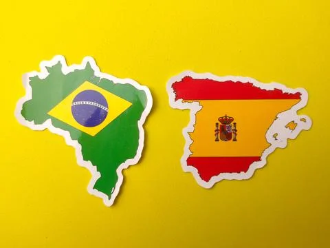 Two country map stickers representing Brazil and Spain are positioned side .. Stock Photos