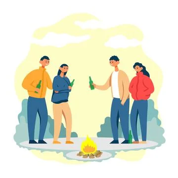 Two couple clinking and drinking bottle of beer. Flat icon. Stock Illustration