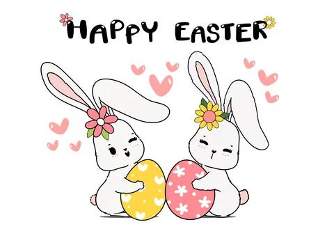 Two couple Cute Spring Bunny hug easter egg. Happy Spring Easter, cute cartoo Stock Illustration