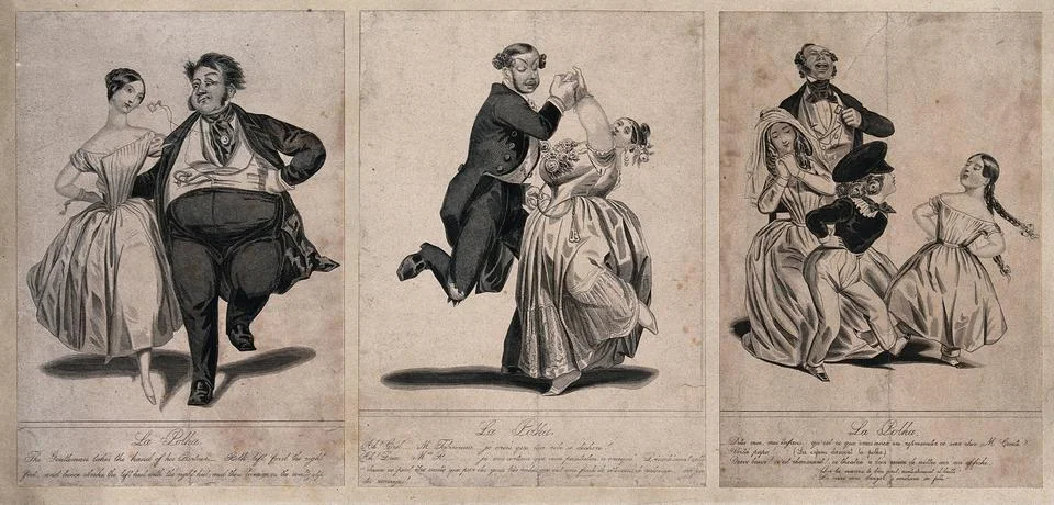 Two couples are dancing the polka and two children are following the same s.. Illustrazione stock