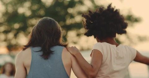Two couples have a great time at the picnic they have a retro van beside. slow Stock Footage 95702285