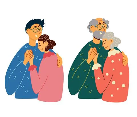 Two couples in love. Happy young lovers couple hugging. Elderly people. Coupl Stock Illustration
