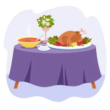 Two-course dinner on a table covered with a tablecloth. Vector illustration in Stock Illustration