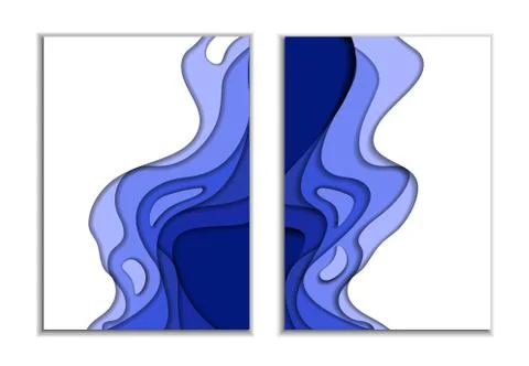Two covers. Waves from blue 3d paper. Design layout for presentations banners Stock Illustration