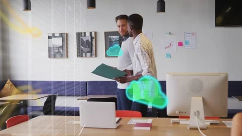 Two coworkers holding folder, causing green clouds and yellow streaks while Stock Footage 333255650