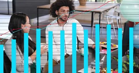 Two coworkers sipping, talking while data overlay appearing, blue bars rising to Stock Photos