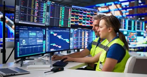 Two Coworkers Studying Logistics Data On Computer Screens In Busy Warehouse. Stock Photos