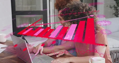 Two coworkers tapping touchpad and pointing at floating bar chart for business Stock Footage 320181886