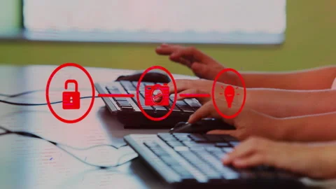 Two coworkers typing padlock unlocking rotating camera shutter pulsing lightbulb Stock Footage 315558742