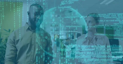 Two coworkers walking in office rotating globe and code appearing overlaying Stock Footage 333967959