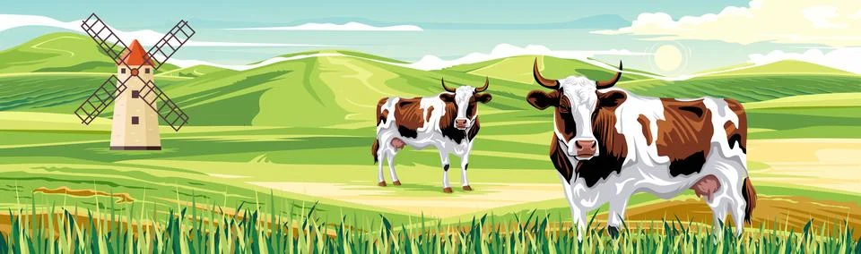 Two cows graze peacefully in a vast green field Stock Illustration