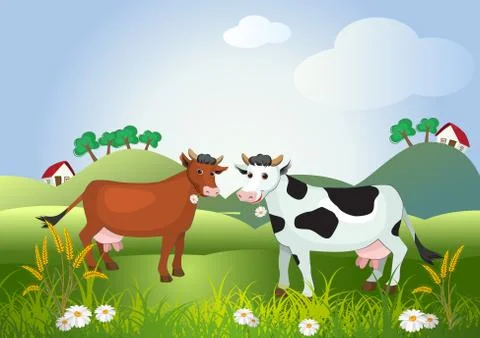 Two cows on meadow fields Stock Illustration