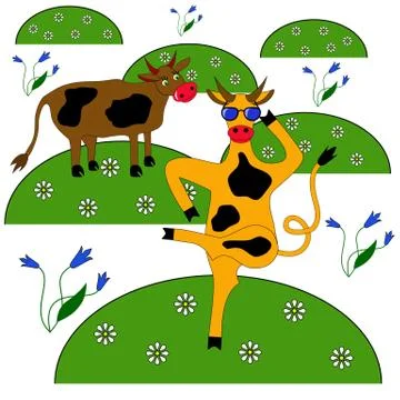 Two cows in a meadow of flowers Stock Illustration