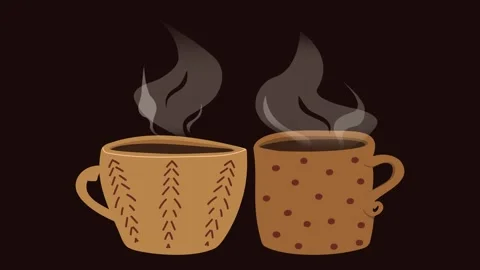 Two cozy brown mugs of steaming coffee or cocoa on a dark background. Stock Footage 323438571